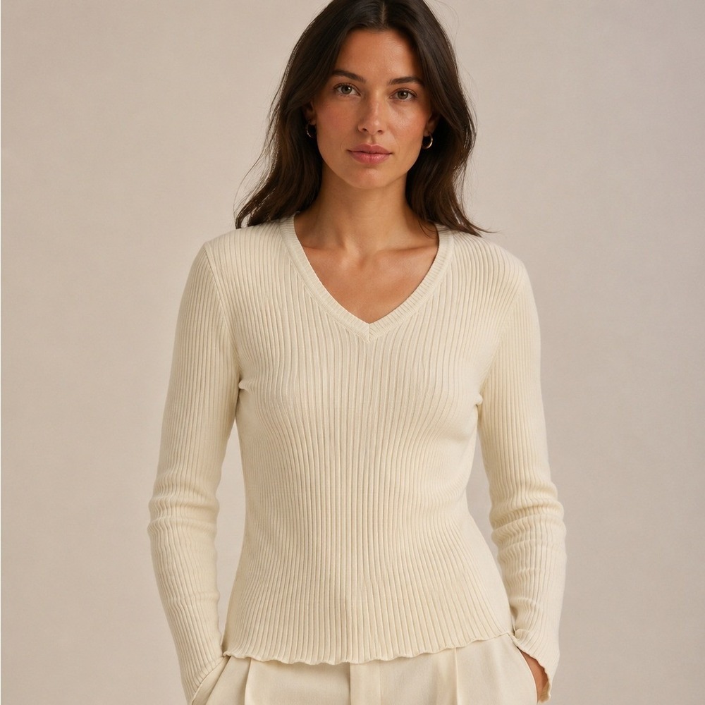NWT Jones New York V-Neck Sweater Womens L Cream Rib Deadstock Preppy Luxury